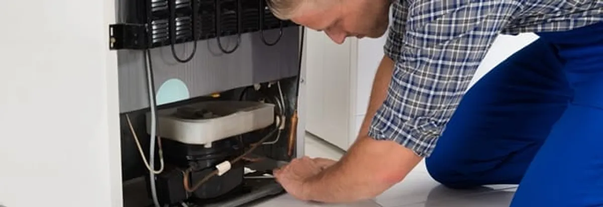 Refrigerator repair technician servicing the compressor and condenser area in Knoxville, TN